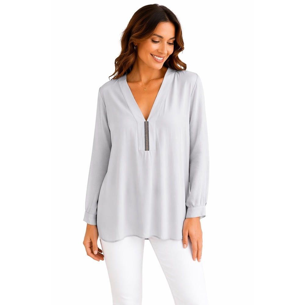 Etcetera Womens Light Grey Tunic Mixed Media Silk Blouse Top Size 12 Large